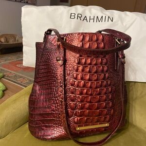 Brahmin Metallic Red Croc-Embossed Shoulder Bag